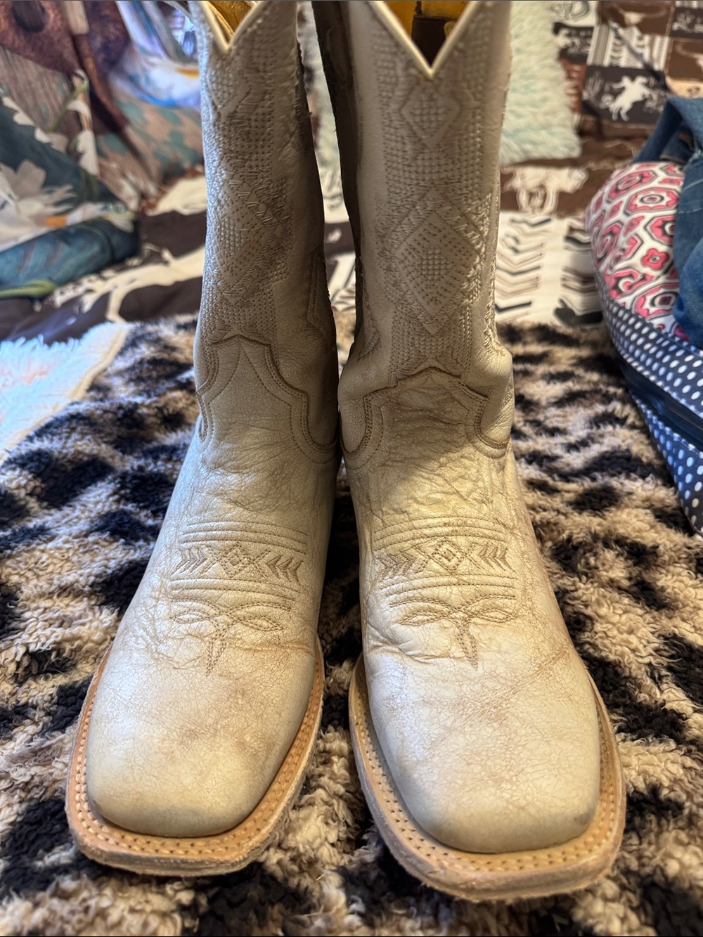 Women’s Roper   Square-Toe Cream Leather Cowboy Boots
